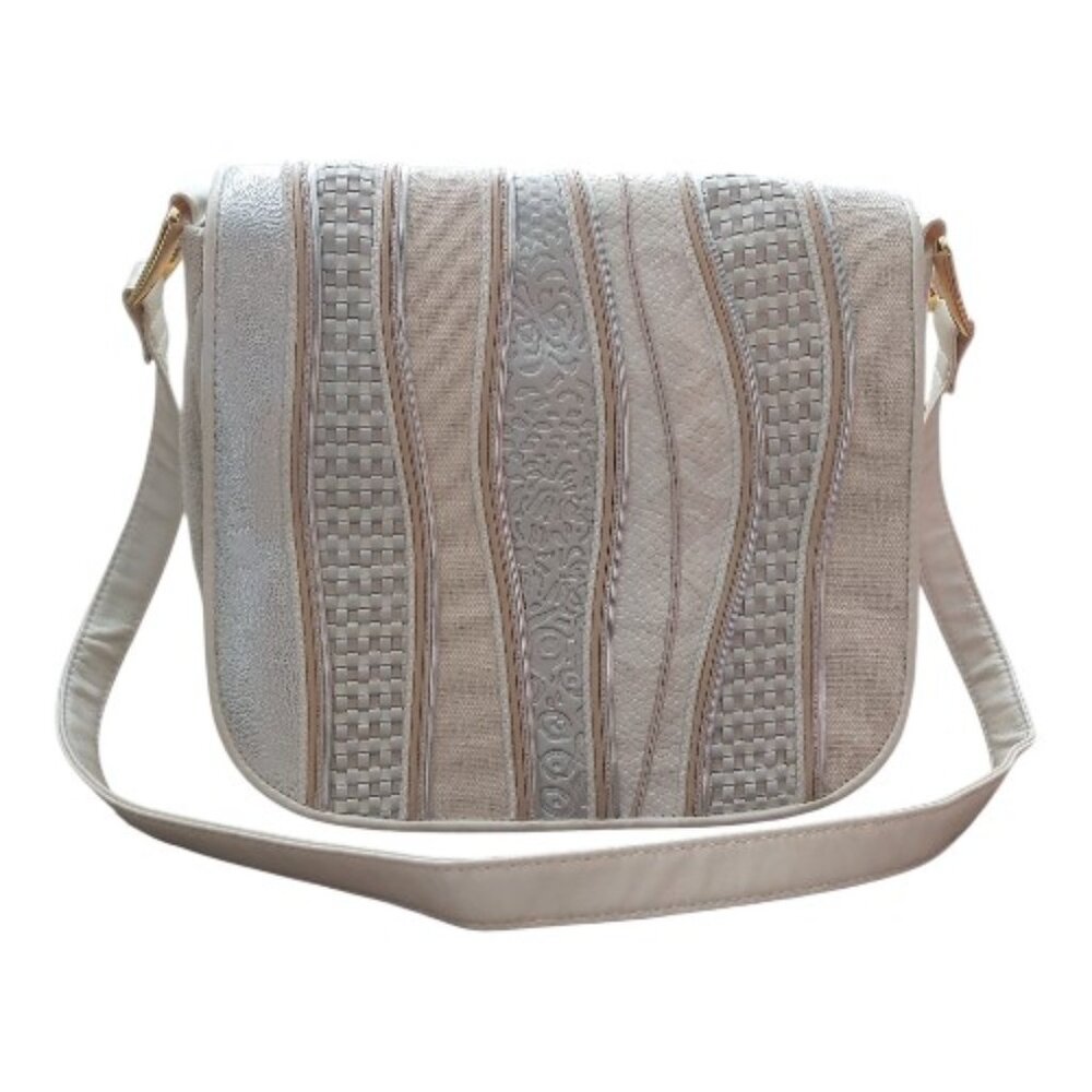 Cream Canvas & Faux Leather Boho Crossbody Bag - Woven Neutral Summer Aesthetic